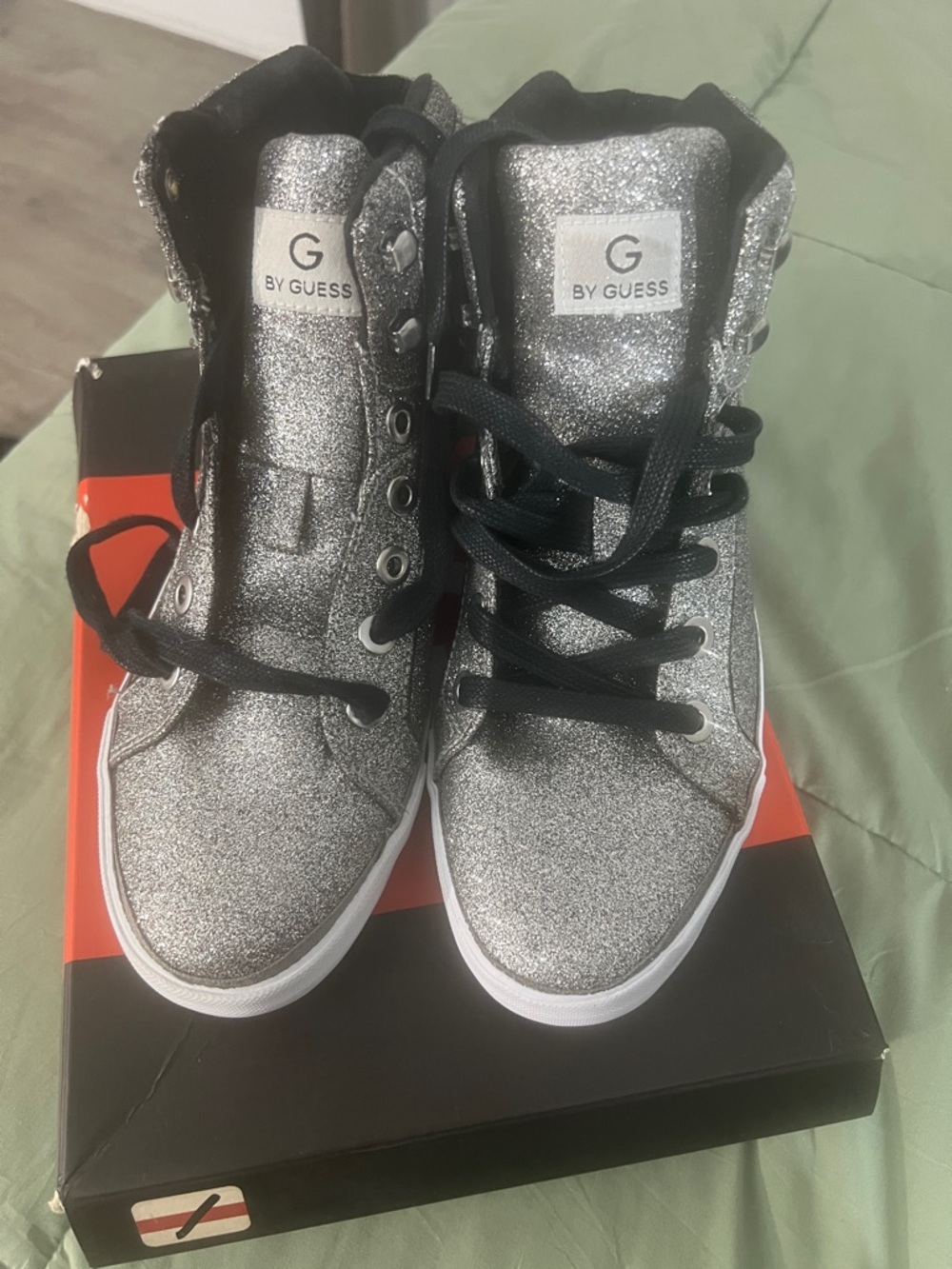 G by Guess Silver Glitter High-Top Sneakers with Black Laces